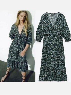 ZARA Puff Sleeve Floral Midi Dress